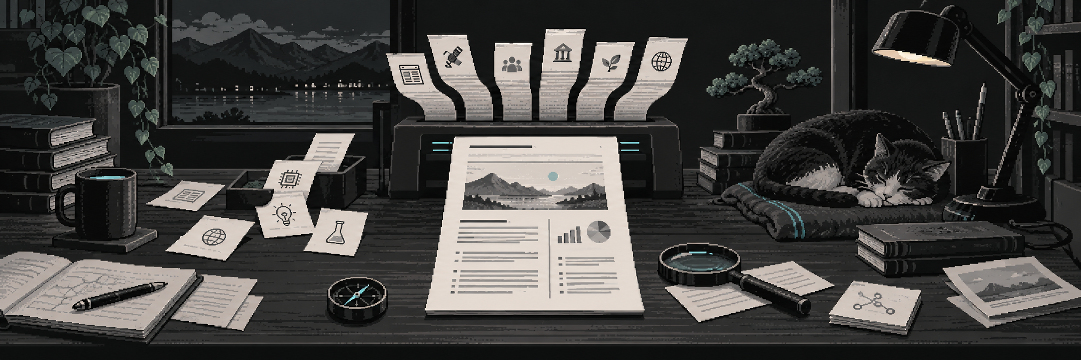 A signal-watch desk centers one daily sheet whose physical source ribbons remain visible. Scattered public-source slips pass through a narrow sorting aperture; a restrained tuning instrument and loose paper occupy the wings.